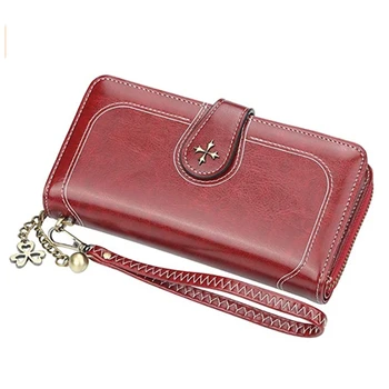 

Vintage Women Wallet Oil Wax Leather Large Capacity Multi Card Organizer Ladies Clutch Handbag