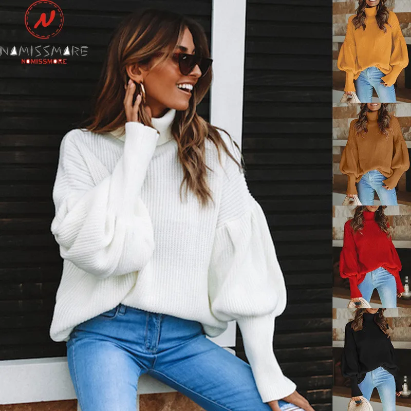 Fashion Women Autumn Winter Sweaters High Collar Lantern Sleeve Solid Color Casual Loose Pullovers Knitted Top | Женская одежда
