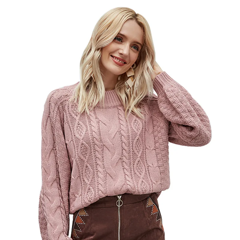 

2020 Autumn and Winter New Round Neck Pullover Women Knit Sweater Cable Long Sleeve Loose Sweater Top