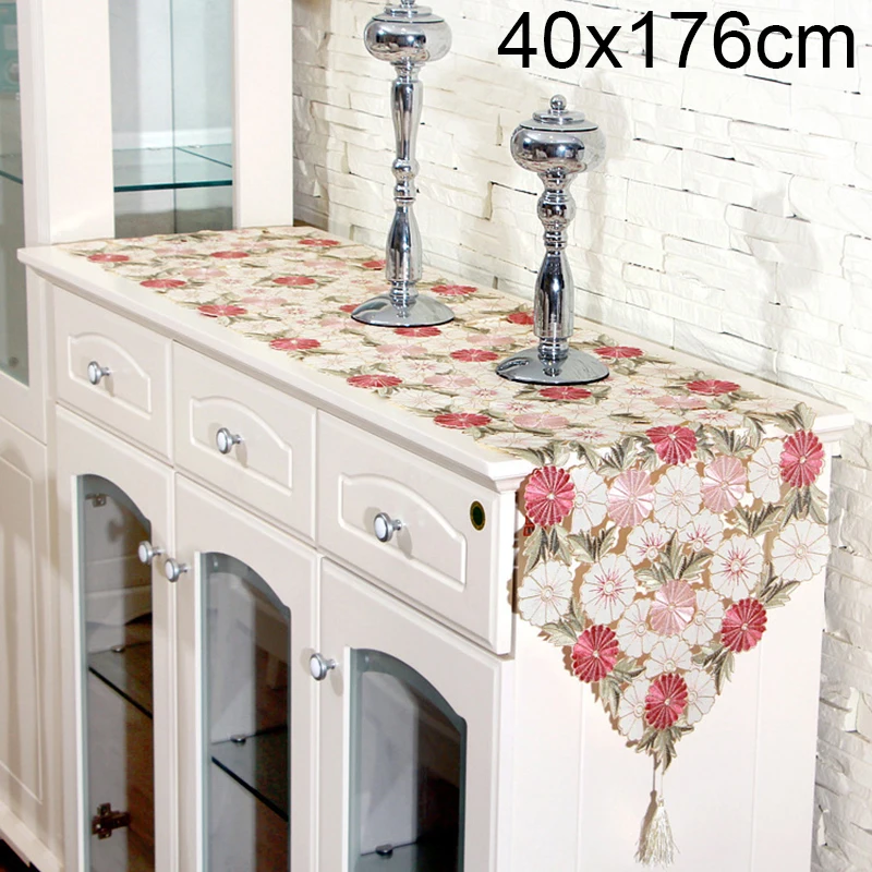 Elegant Embroidered Table Runner Pastoral Style Waterproof Oil Tablecloth Red Table Runners Mat Raised Flower Blossom