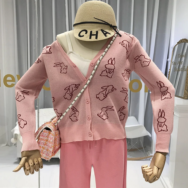 Розовый ALPHALMODA Ранняя осень женские тонкие вязаные кардиганы милый рисунок кролика женские модные вязаные свитера с длинными рукавами - Цвет: Розовый