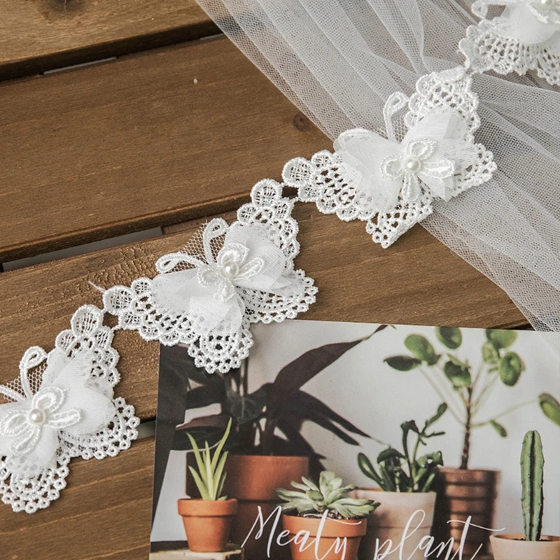 1 Yard Butterfly Embroidered Lace Trim Ribbon Pearl Beaded DIY Sewing Applique F3MD