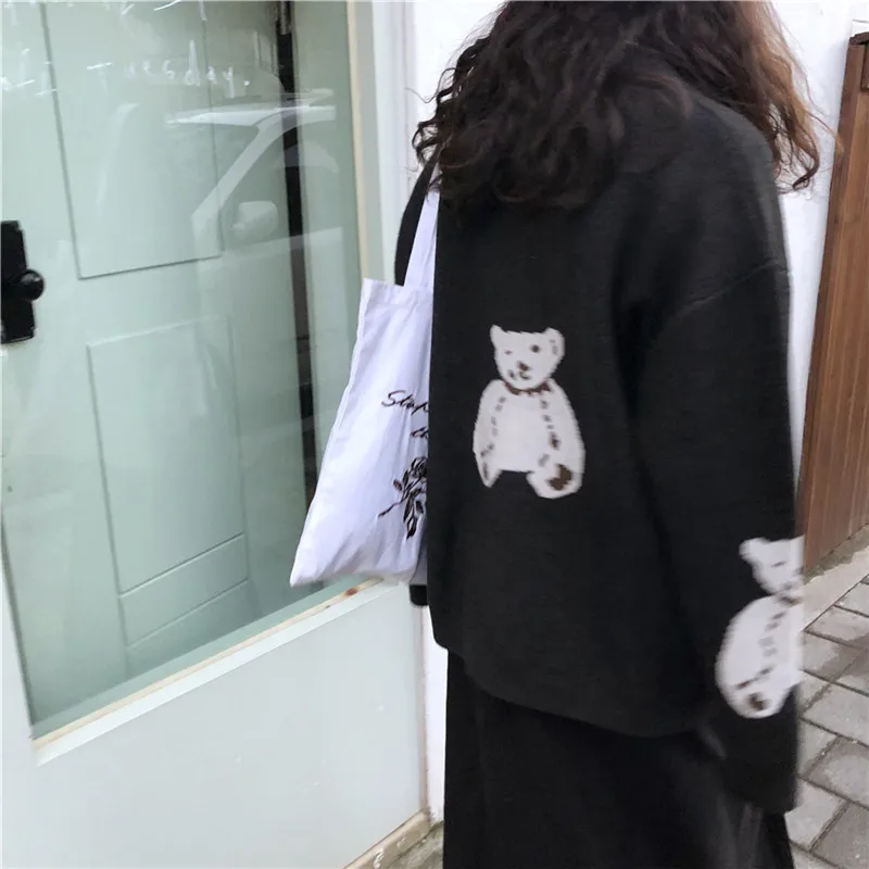 RUGOD/Новинка года; Женский вязаный кардиган с рисунком медведя и круглым вырезом; однобортный свободный Свитер оверсайз; корейское милое осеннее пальто