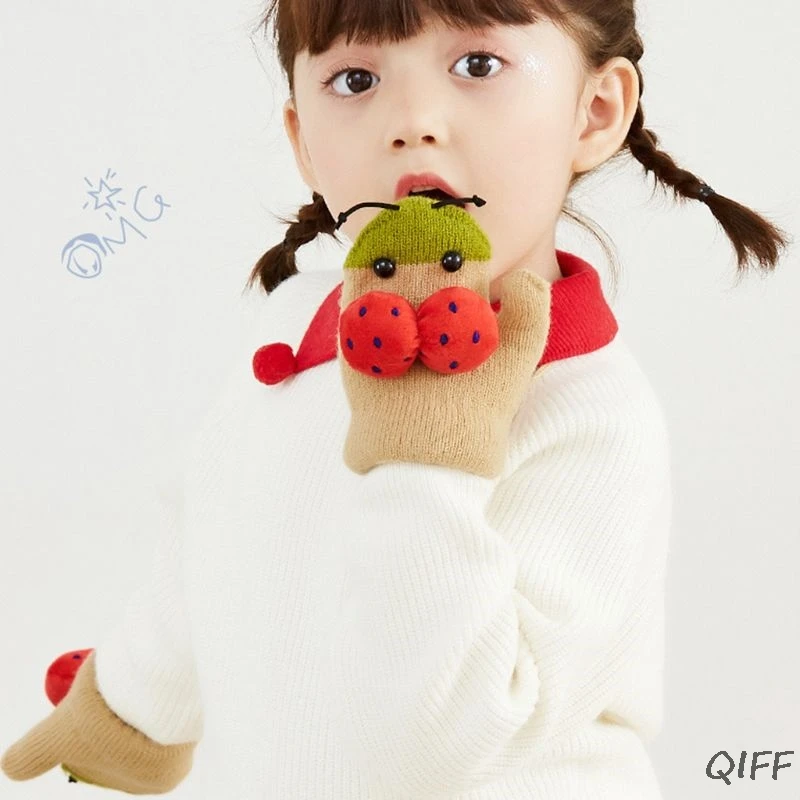 Toddler Kids Cute Cartoon Ladybird Bowknot Knitted Gloves Thermal Warm Thick Plush Lining Winter Gloves with Long String 3-6T