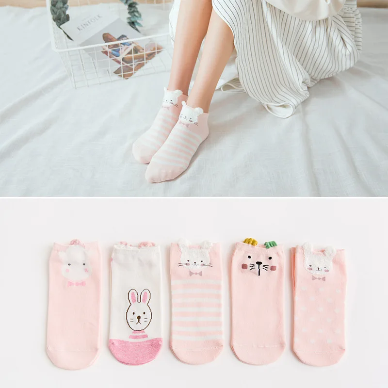 5Pairs/lot Women Cotton Striped Socks Cute Ankle Socks Short Women Socks Casual Animal Ear Red Heart Gril Socks 35-40