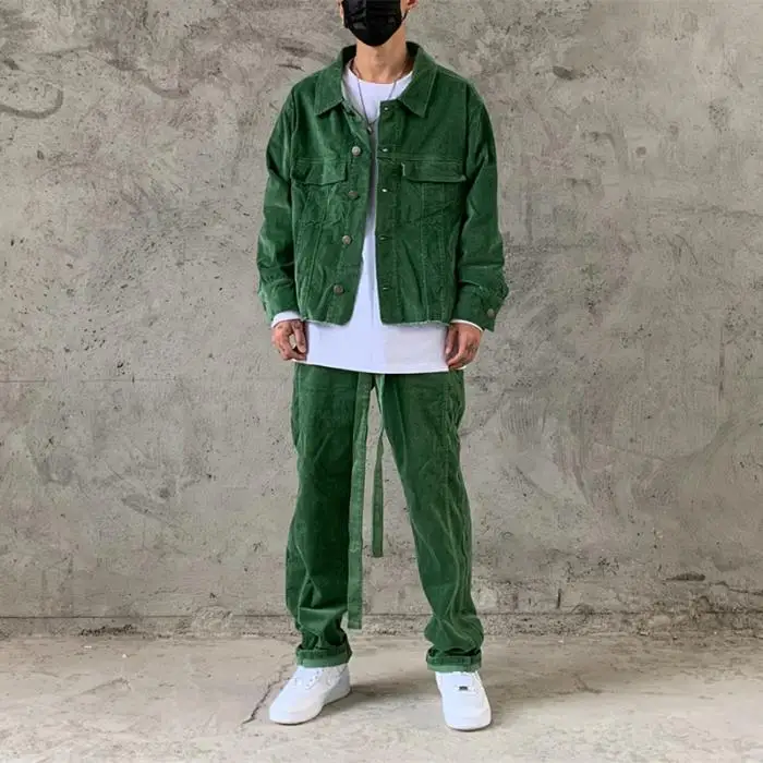 2 Pieces Sets Men Fashion Corduroy Retro Single Breasted Jacket Coat and Casual Straight Zipper Pants Joggers Streetwear Sets