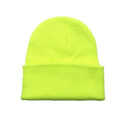 Fluorescent Green Зимние шапки для женщин, Новые Вязаные шапки, одноцветные милые шапки для девочек, осенние женские шапки, теплые шапки, женские повседневные Шапки - Цвет: Fluorescent Green