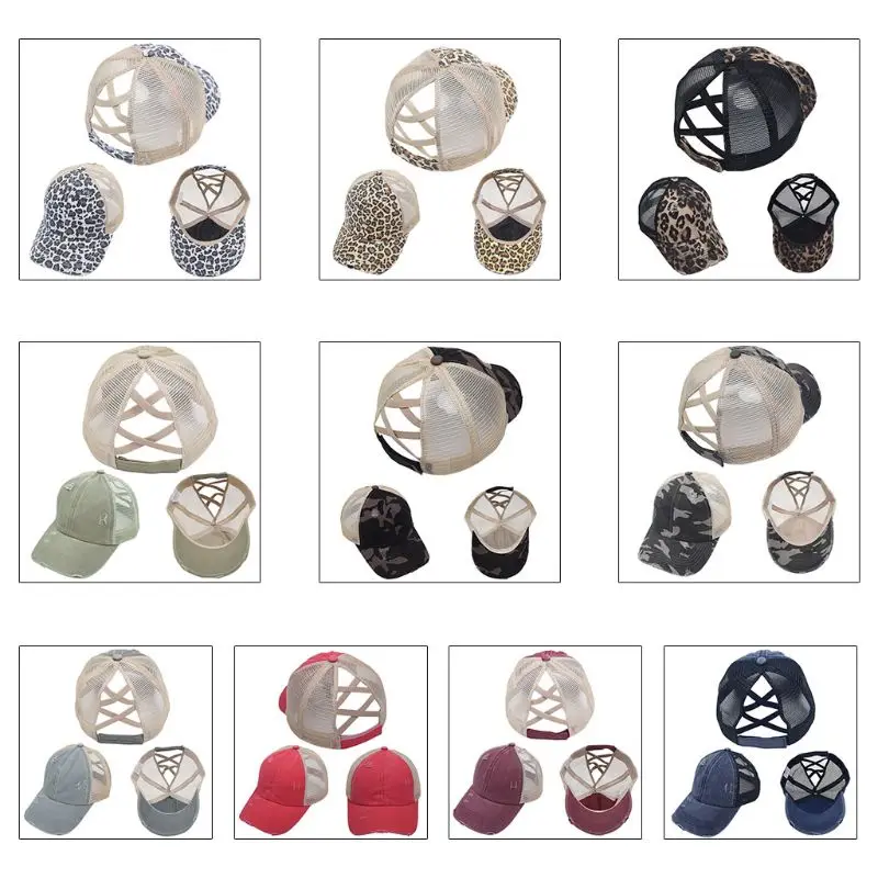 

Women Distressed Washed Mesh Baseball Cap Leopard Camo Ponytail Band Trucker Hat