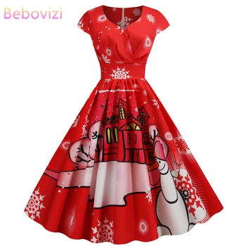 

Bebovizi Women Clothes 2019 Elegant Christmas Party Dress Plus Size Snowflake Print Vestidos Casual Winter Red Vintage Dresses