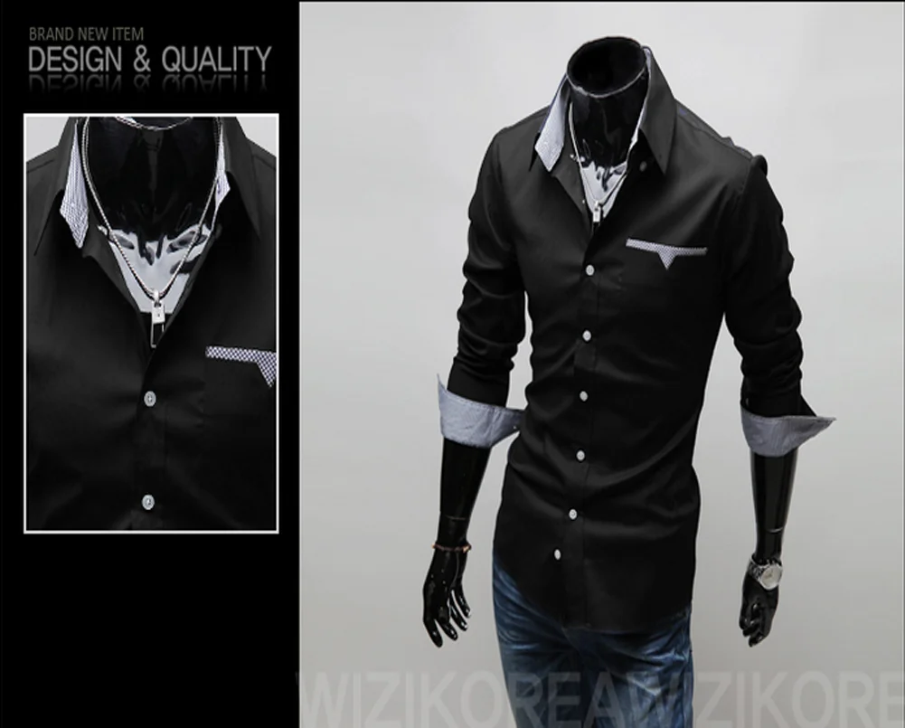 New Fashion Men Slim Fit Dress Shirt Button Down Casual Long Sleeve Regular Gentleman Top Shirts Black White Gray