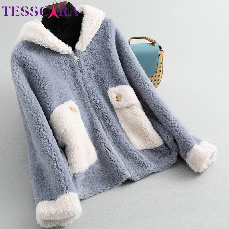 

TESSCARA Women Winter Wool Blend Basic Jacket Coat Hooded High Quality Female Designer Leather Suede Jackets Outerwear & Coats