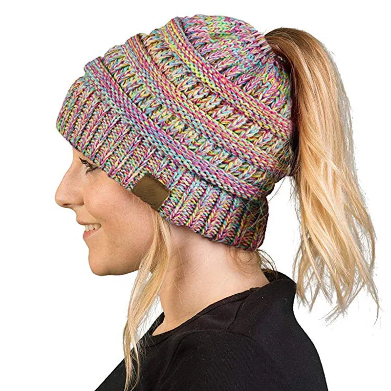 

Brand New Ponytail Beanie Women Winter Knitting Hats Ladies Stretch Knit Hat with Tag Messy Bun Ponytail Beanie Holey Warm Hats