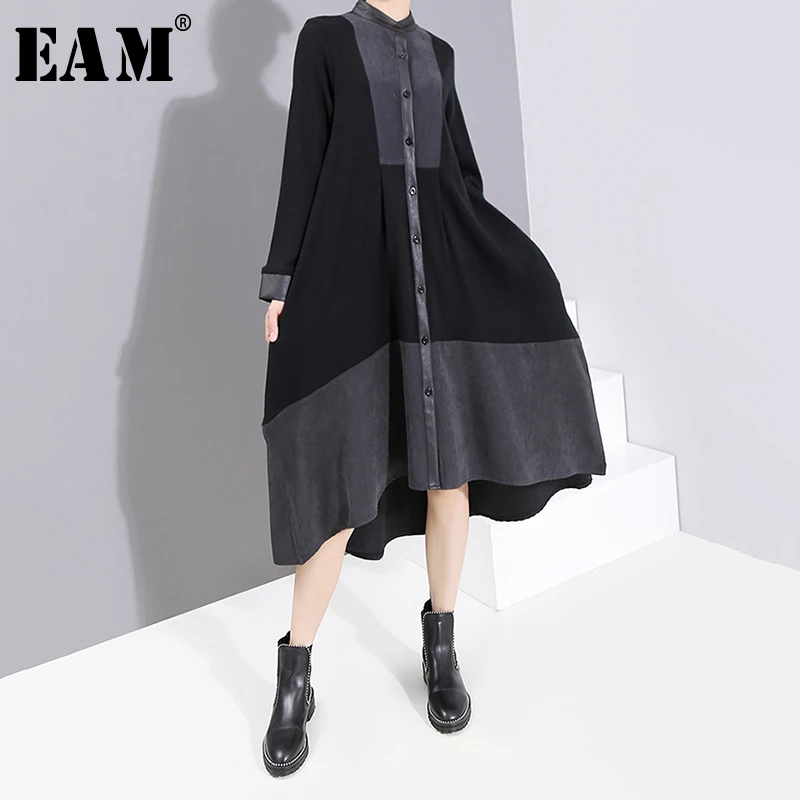 [EAM] женское черное Бандажное асимметричное платье, новинка, воротник-стойка, длинный рукав, свободный крой, мода, весна-осень, 19A-a809