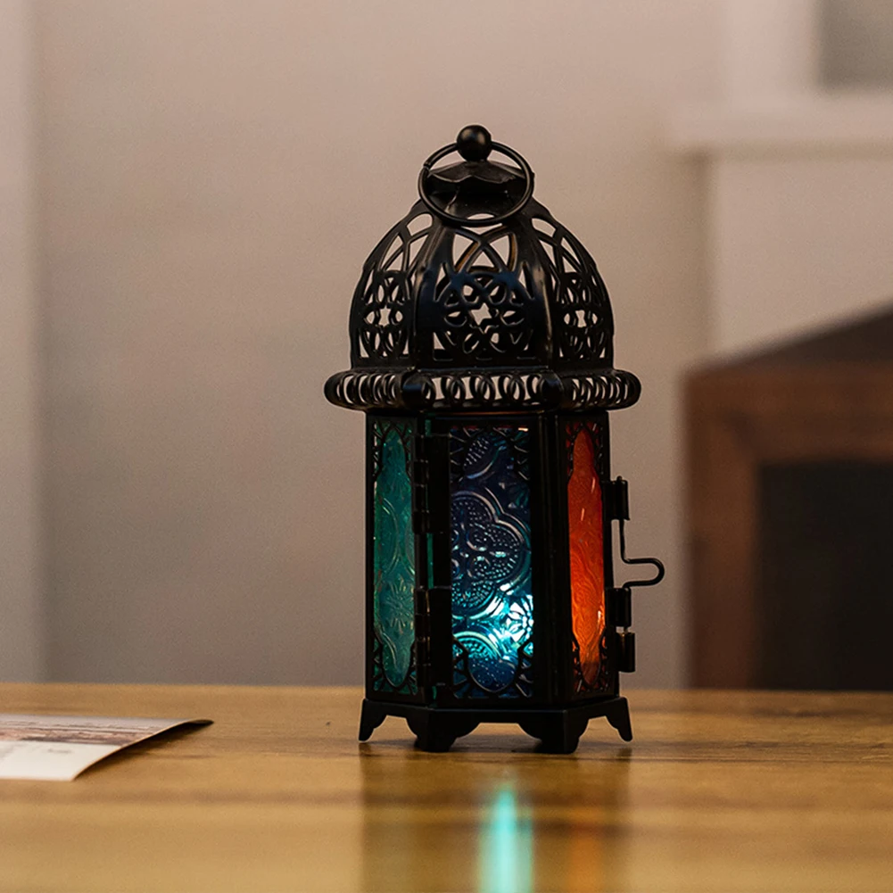 

Lantern Lamp Gift Moroccan Style Decoration Indoor Home Iron Glass Space Saving Vintage Lightweight Easy To Use Candle Holder