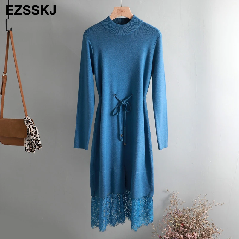 elegant O-neck loose long Thick Sweater dress women Autumn Winter lace Drawstring dress Femme Lace Up loose robe Knitted dress