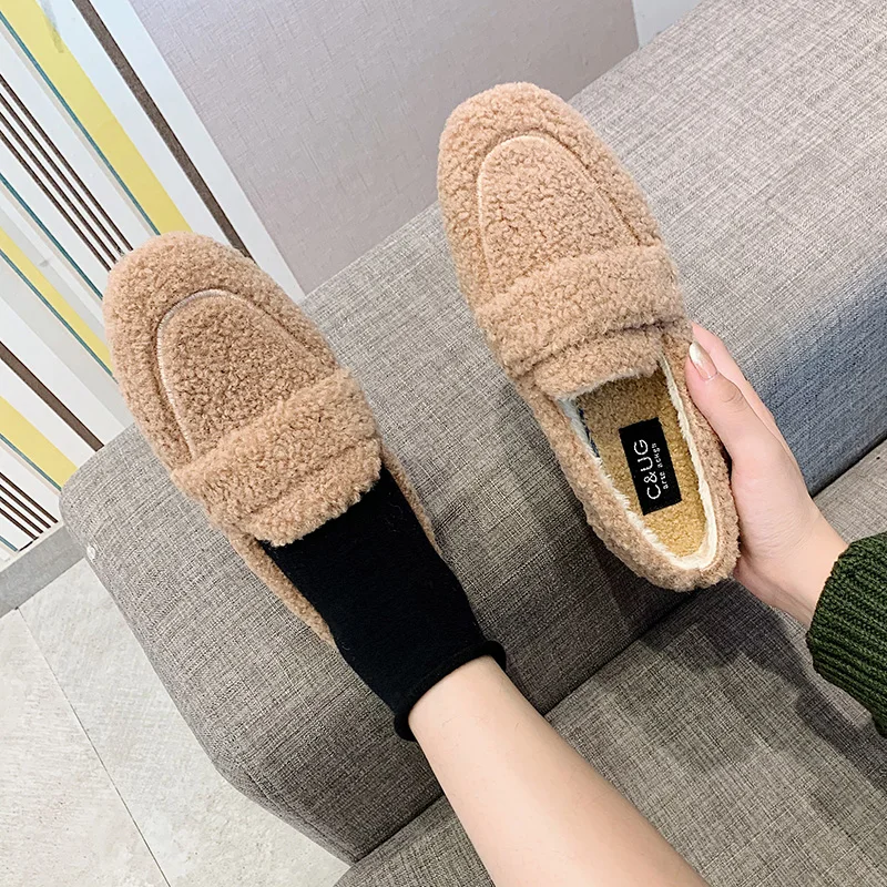 

EOEODOIT Women Fur Shoes Autumn Winter Square Toe Slip On Loafers Warm Cozy Female Flat Heel Ballet Flats Footwear