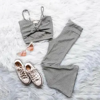 

Drpshipping 2Pcs Clothes Set Kids Baby Girl Striped Sling Vest Crop Tops+Long Pants Clothes Sunsuit