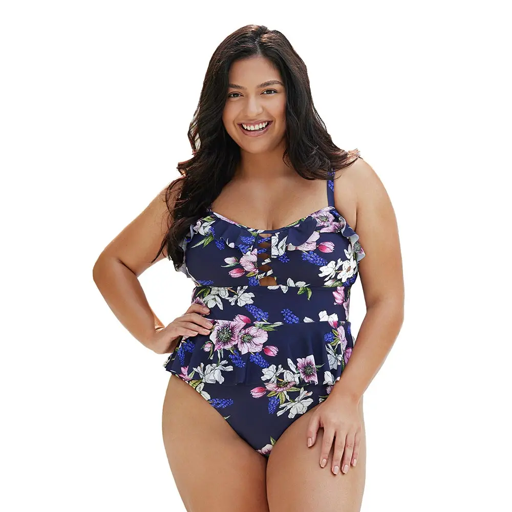 Maillot de bain une pièce grande taille à volants Floral bleu marine de face