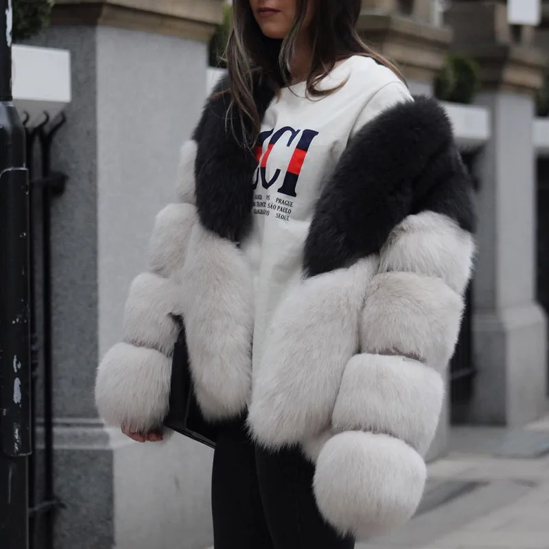 Роскошное контрастное цветное меховое пальто, женская зимняя куртка из искусственного лисьего меха, пальто, уличная мода, пушистое пальто, Толстая теплая куртка из искусственного меха