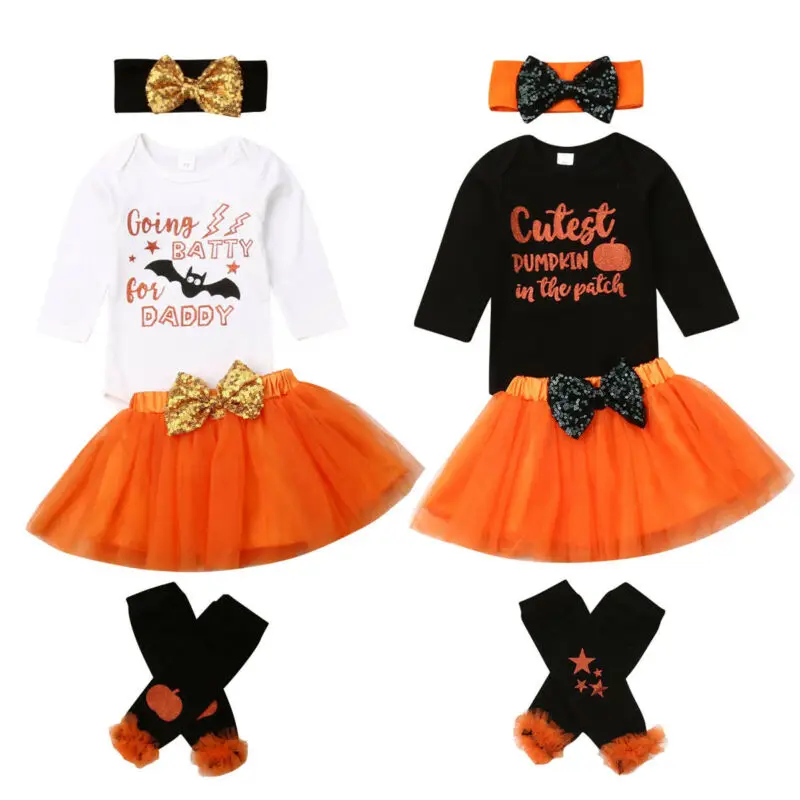 Emmababy Halloween Newborn Baby Girl Clothes Romper Top Skirt Stockings 4Pcs Outfits | Детская одежда и обувь