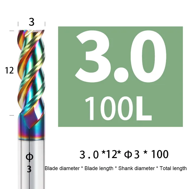 Colorful End Mill Aluminium HRC55 3F Milling Cutter Acrylic Wood Copper Plastic Cutting Tool CNC Maching Milling Tools Endmils 3X12XD3X100L