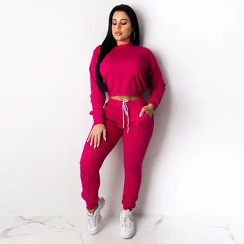 

Women Long Sleeve Crop Top And Long Pants Tracksuit Casual Set Fitness Sweatsuit Two Piece Suit Short Solid Outfits
