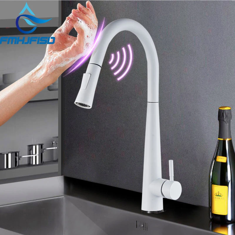 stainless steel kitchen sink FMHJFISD Sensor Kitchen Faucets White Touch Inductive Sensitive Faucets Mixer Water Tap Single Handle Dual Outlet Water Modes instant hot water tap