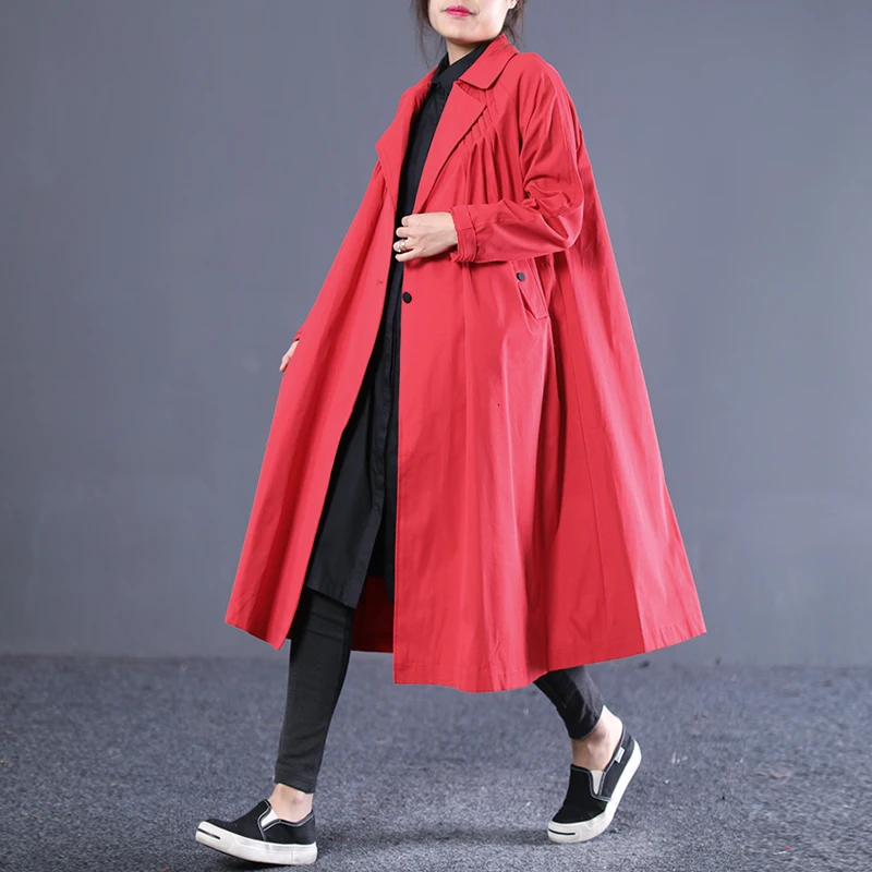 

[EWQ] New Autumn Pattern 2019 Lapel Long Sleeve Solid Patchwork Single Breasted Vintage Large Size Windbreaker Women AE262