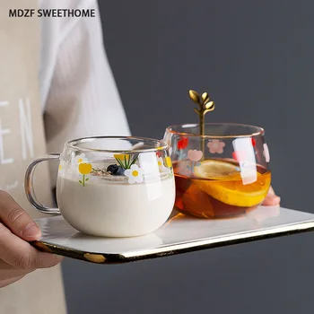 

MDZF 400ml Flower Milk Cup With Spoon Coffee Breakfast Mug Set Dessert Plate Japanese Style Water Cup And Dish Cute Girls Gifts
