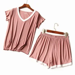 Women V-Neck Short Pajamas Sets Top Pants All Match Comfortable Pink Sleepwear Solid Short Full Length Pj Set