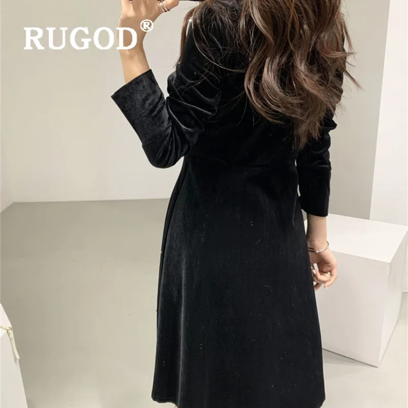 Платья женские RUGOD, элегантное бархатное платье с бусинами, женское модное платье-рубашка с длинными рукавами и пуговицами, офисное платье для девушек, черное платье Vestidos