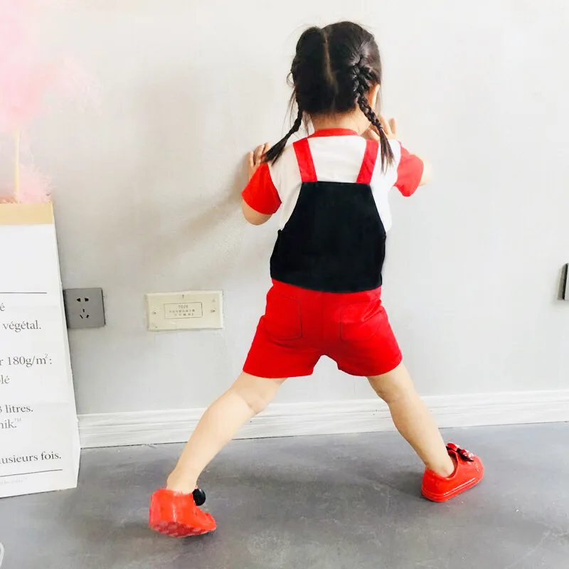 Ha Dad Home Cute Cartoon Men And Women CHILDREN'S Overalls Black And Red Stitching Adjustable Crawler