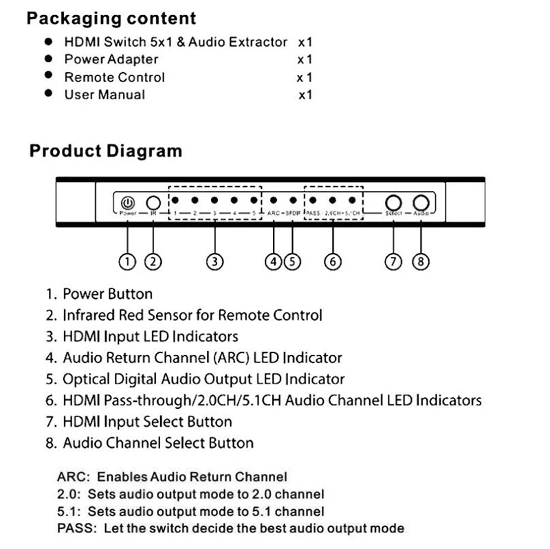 HDMI коммутатор 5x1 с аудио экстрактором 4K x 2K 3D ARC Аудио HDMI переключатель с пультом дистанционного управления для PS4 Apple tv HD tv, DVD, STB