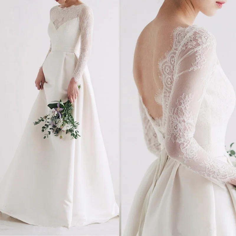 Lace Wedding Dresses Long Sweet Elegant Bride Sleeve Applique Sexy Open Back Embroidery Simple | Свадьбы и торжества