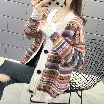 

Small fresh autumn new striped sweater cardigan women loose lazy wind sweater women thick coat