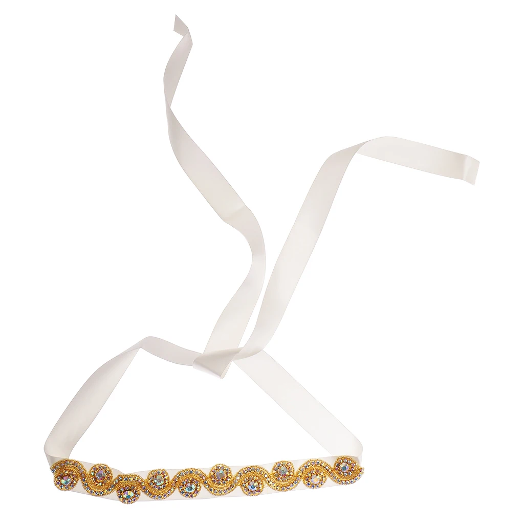 Vintage Style Gold Beads Rhinestone Ribbon Bridal Wedding Dress Belt Bridal Sash