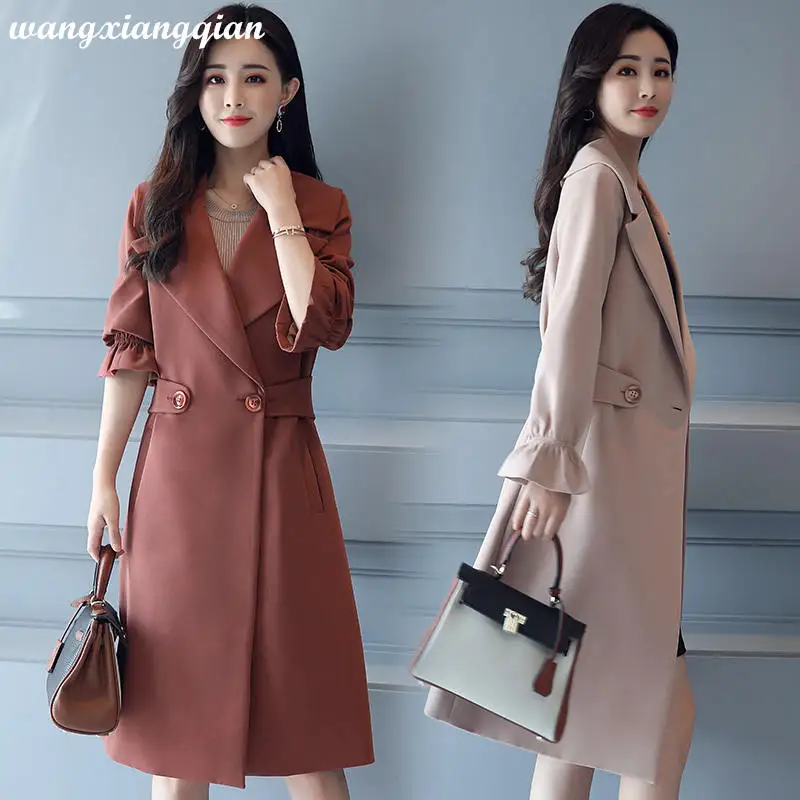

Women's Fashion Trench Coat 2019 Autumn Windbreaker Casual Cotton Mid-length Solid Color Lapel Long Sleeve Slim Trench Coat Z8