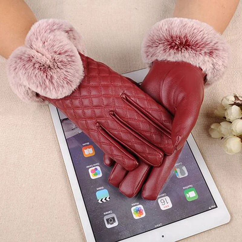 TOP!-Women'S Winter Genuine Sheepskin Leather Gloves Real Rex Rabbit Fur Thick Warm Autumn Leather Fur Female Jujube Red