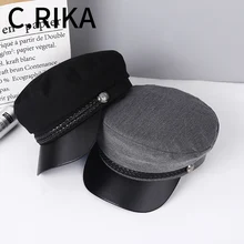 Осенне-зимняя военная шапка из искусственной кожи и шерсти для мужчин и женщин, шапка моряка, Женский дорожный берет с плоским верхом, черная шапка, Кепка Капитана