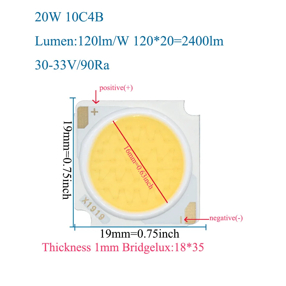 Description Picture 4 of item10Pcs CRI90 COB LED Light-emitting Diode Bridgelux Chip 10W 20W 30W 40W 50W 19mm DIY LED Bulb Spotlight Light Source Accessories