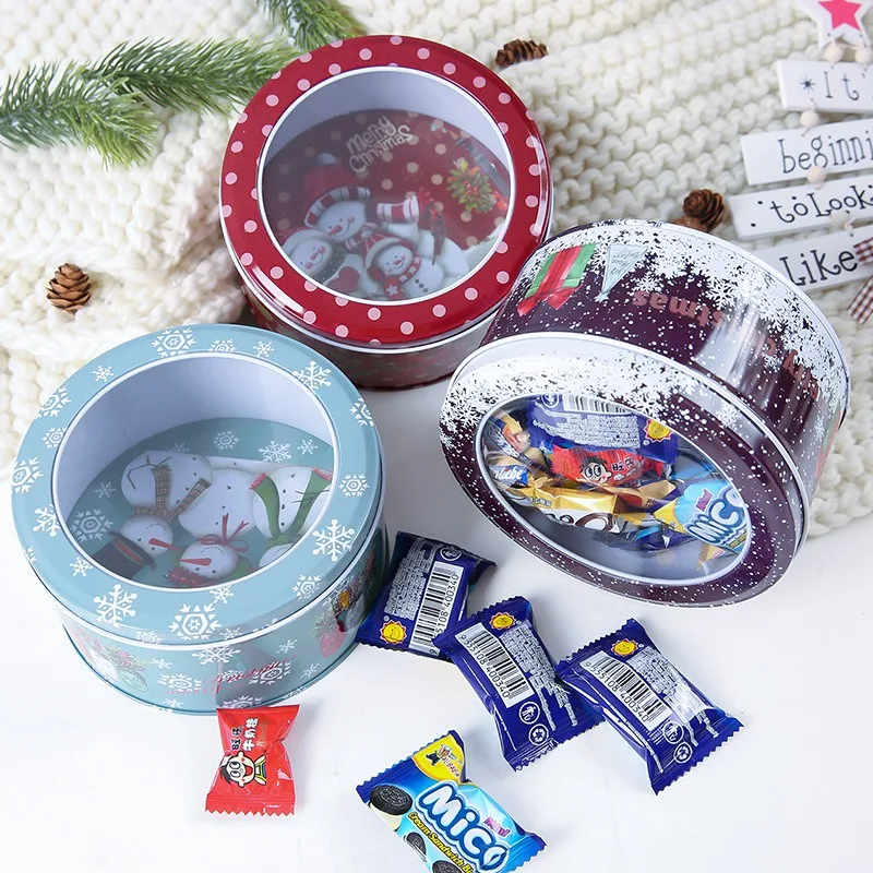 

New Metal Round Tin Case Containers Window Lids Holiday Decorative Box For Christmas