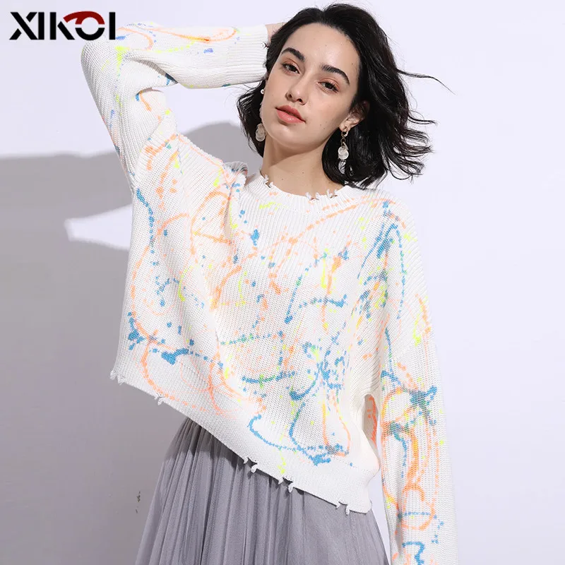 

XIKOI 2020 Women Winter New Tie dye Printing Loose Casual Short Navel Long Sleeve Basic Sweater High Street Female Top Clothes