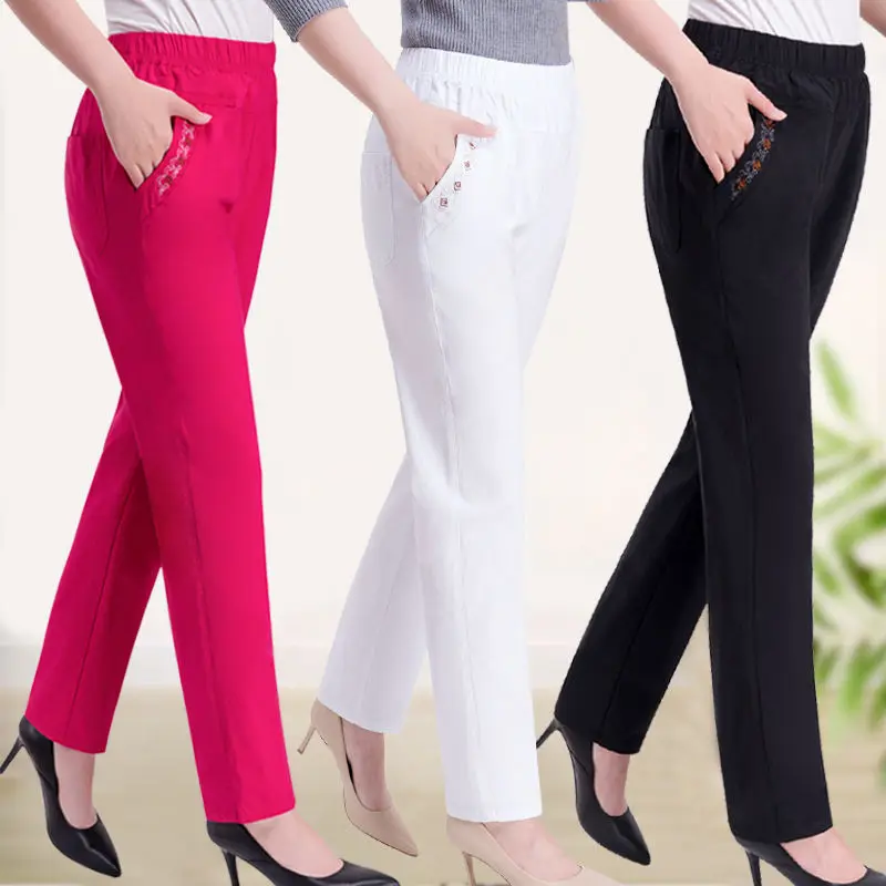 2021 verano Pantalones de las mujeres de medio-de dama cintura elástica Pantalones Casual de talla grande 4XL bolsillo fina hembra pantalones 2300