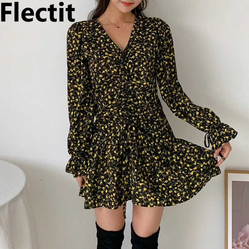 Женское винтажное платье с оборками желтое мини высокой талией v-образным