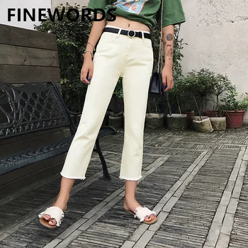 

FINEWORDS 2020 New Casual Loose White Jeans Women Korean High Waist Jeans Streetwear Young Plus Size Wide Leg Tassel Denim Pants