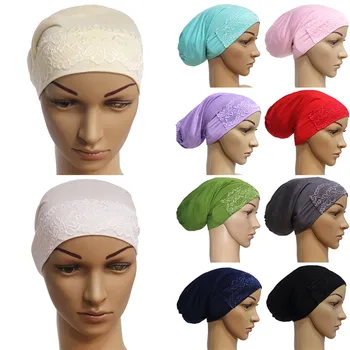 

Highly Elastic Bonnet Women 2020 New Hot Selling Solid Hijab Cover Head Wrap Lace Embroidery Cotton Hijabs