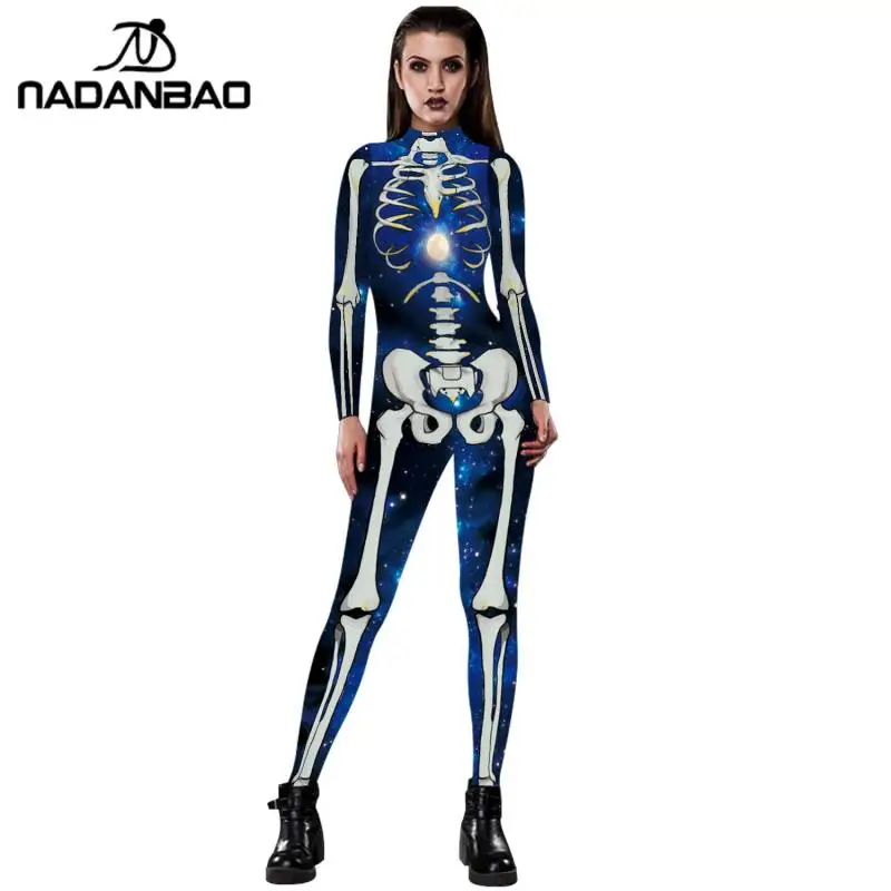 Rose Skeleton Costume Jumpsuit 3D Print Scary Halloween Costumes For Women Mechanical Skull Bodysuit