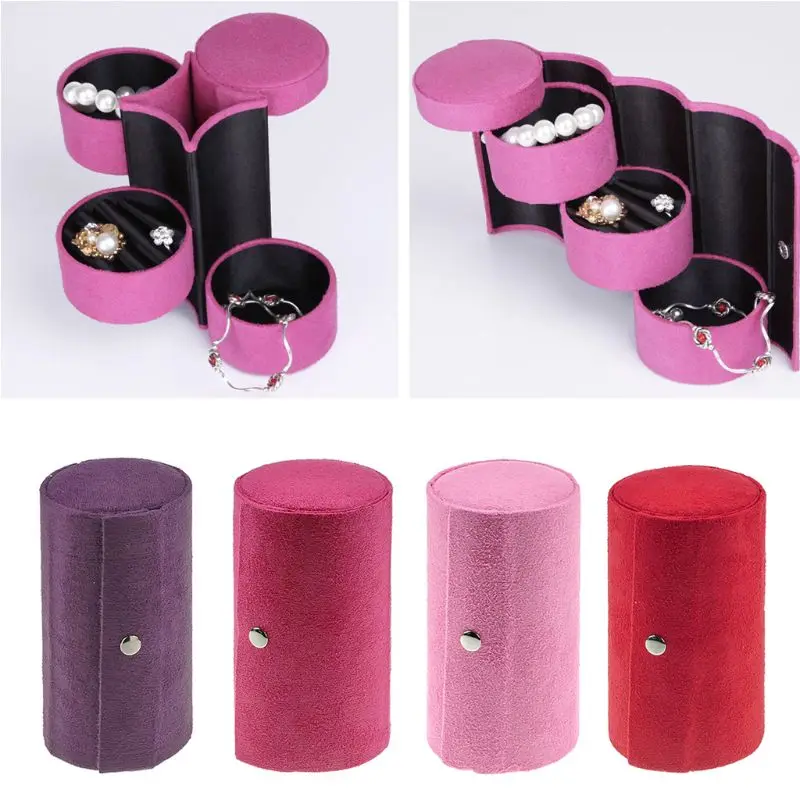 3-Layer Roll-up Snap Velvet Jewelry Box Travel Earring Bracelet Display Storage