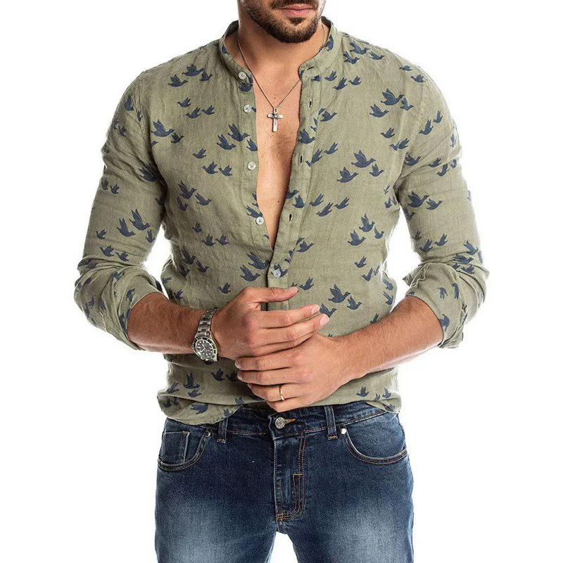 

Shujin Men's Casual Summer Wild Goose Pattern Long Sleeve Button Closure Hawaiian Shirt Wild Goose Pattern Hawaiian Shirt