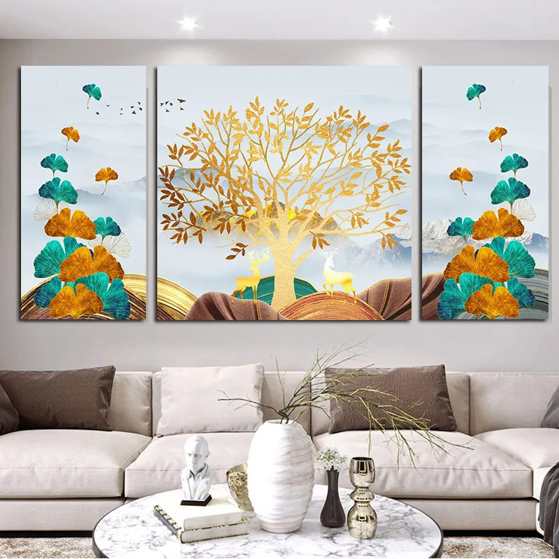 Rich Tree Golden Deer Leaf Ginkgo Biloba Nordic Canvas Paintings Modern Luxury Home Decor Room Art Cuadros Decorazioni Murali